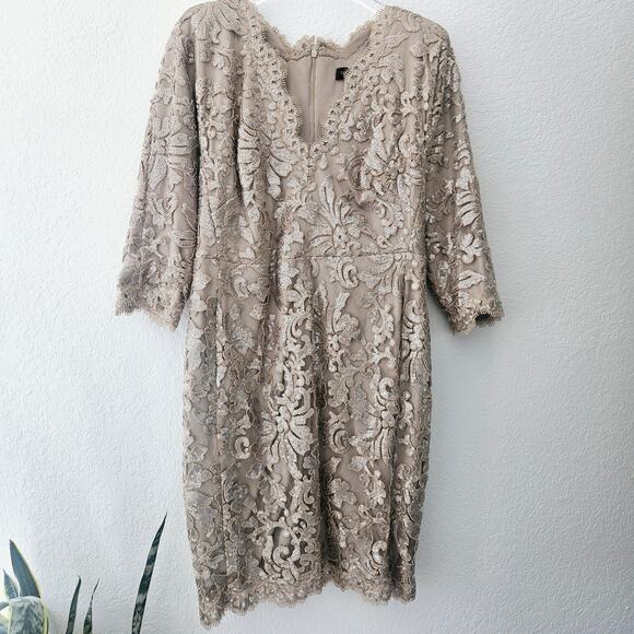 Tadashi Shoji Embroidered Sequin Lace Sand Beige Cocktail Dress Size 12 - Picture 5 of 13